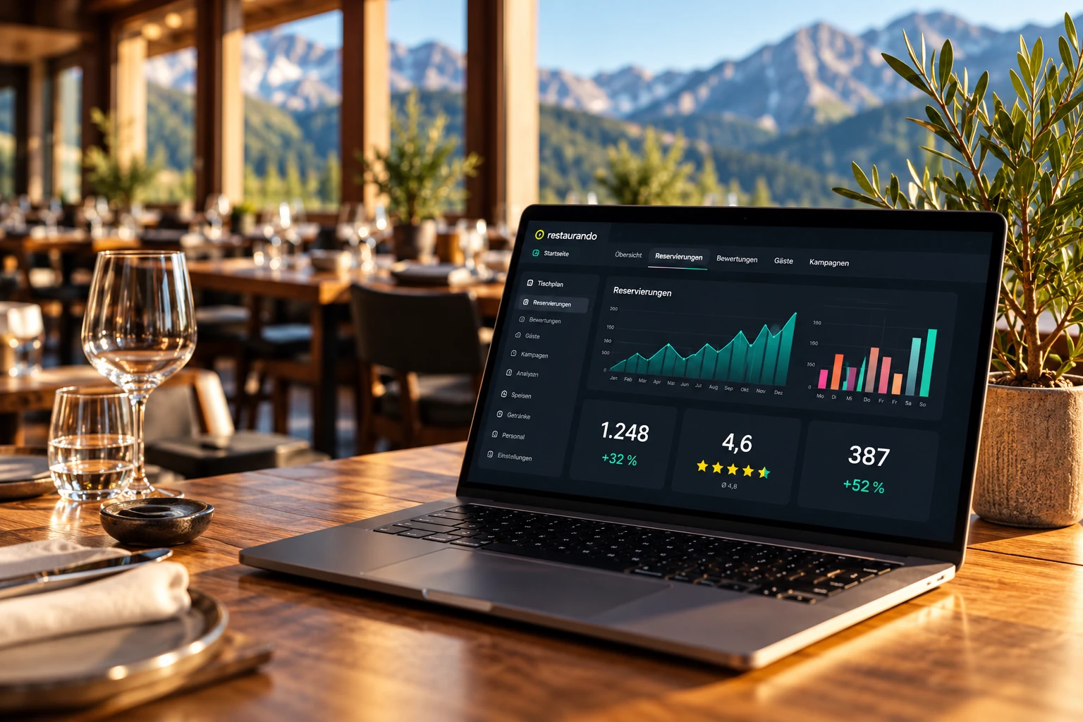 Laptop mit einem Auswertungsdashboard auf einem Tisch im Restaurant