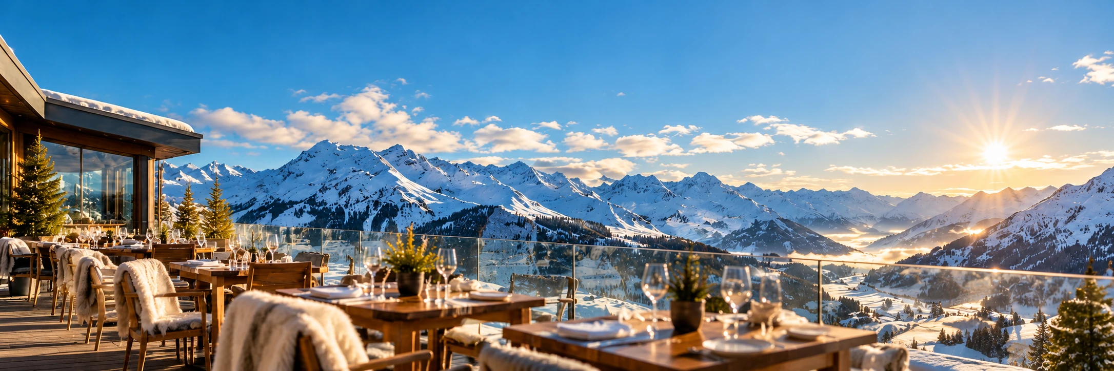 Restaurantterrasse vor einem weiten Alpenpanorama im Sonnenlicht